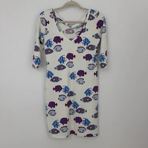 Manuel Canovas Womens 6-8 Fish Print Mini Bodycon Dress V-Neck 3/4 Sleeve Ocean - Picture 1 of 7