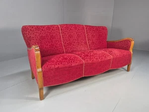 Vintage Danish Art Deco Modern 3 Seat Sofa Red Moquette 1940s EB9995 V3SS - Picture 1 of 18