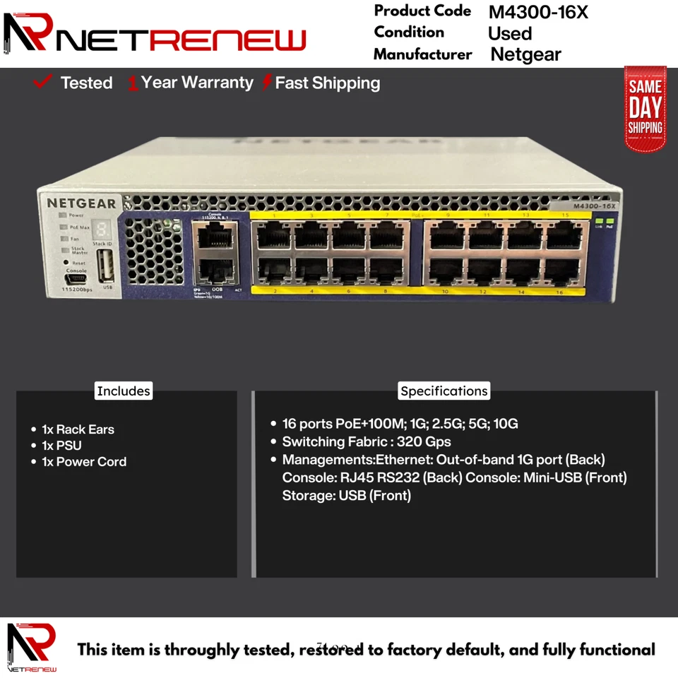 Netgear M4300-16X  16x10G Stackable Managed Switch XSM4316PS - Image 1 of 1