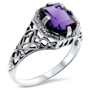 ANTIQUE STYLE 925 STERLING SILVER FILIGREE LAB-CREATED AMETHYST RING        #378 - Picture 1 of 4