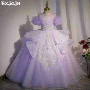 Luxury Bead Princess Dress Girls Purple Sequined Ruffles Ball Gown Party Costume - Picture 1 of 15