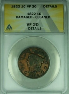 1822 Coronet Head Large Cent  ANACS VF-20 Details Damaged-Cleaned  (41) - Picture 1 of 2