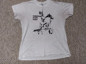Vintage 70s 80s Terrorism Stops Here War USA Guns Fighting Horse Shirt L Retro - Picture 1 of 6
