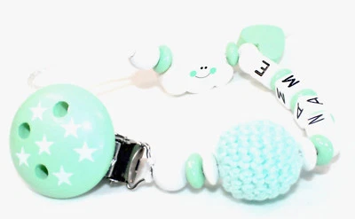 Schnullerkette mit Namen Wolke Häkelperle Herz Junge Mädchen mintgrün - Bild 1 von 4