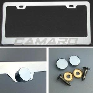 One Camaro Laser Engraved Stainless Steel License Plate Frame Chrome Screw Cap - Picture 1 of 12