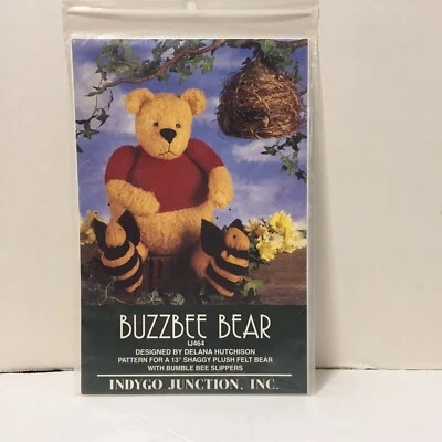 Buzzbee Bear Pattern 13" Plush Felt Bear in Bumble Bee Slippers Indygo Junction - Image 1 of 3