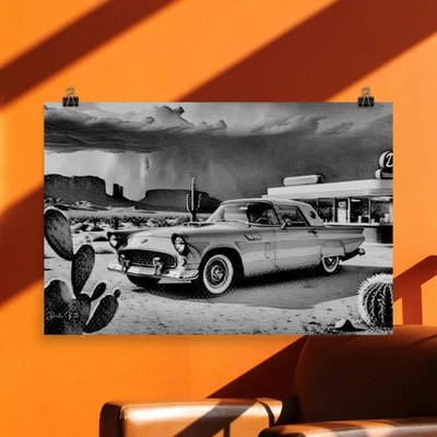 Clásico '56 Thunderbird in the Desert, impresión artística de renderización de tinta y bocetos de colección Foto 1 de 4