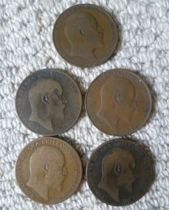 5x ENGLISH OLD PENNY COINS EDWARD VII - 1902, 1906 (x3) & 1908 - LOOK! - Picture 1 of 2