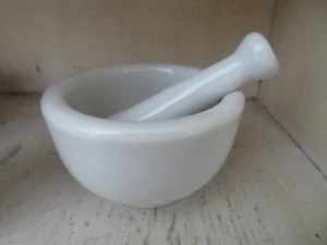 ADORABLE Rare Small Petite 2 1/2" Old WHITE IRONSTONE MORTAR & PESTLE - Picture 1 of 8