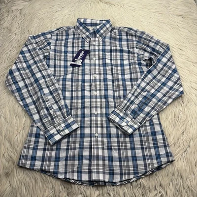 NWT Wrangler Riata Youth Boy's XL Blue White Black Plaid LS Shirt Western Cowboy - Image 1 of 4