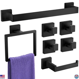 7-Piece Matte Black Towel Rack Set, Stainless Steel Wall Mounted Bathroom - Picture 1 of 6