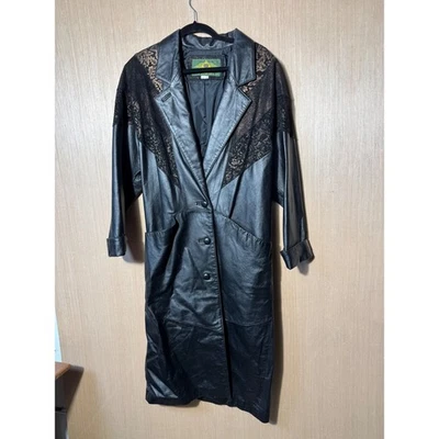Vintage 90's Avanti Leather Coat Black Lace Trim Long Trench Jacket Womens - Image 1 of 4