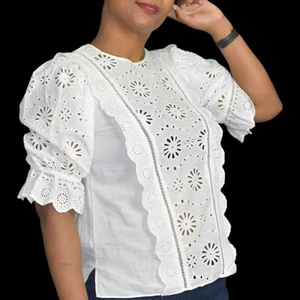 Veronica Beard Gale Blouse Size 2 White Floral Eyelet Cotton Top Lattice Scallop - Picture 1 of 17