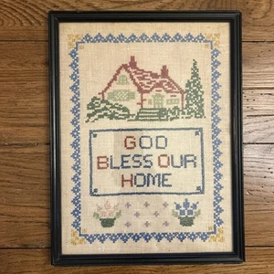 Vintage Gott segne unser Zuhause fertig Kreuzstich gerahmte Stickerei -1937 - Bild 1 von 5
