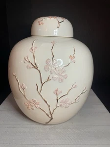 Ingwerglas und Deckel weiß mit hellrosa Kirschblütenbaum 9" Vintage 1989 asiatisch - Bild 1 von 12