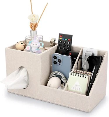 Funda de caja de pañuelos de lino con organizador, moderno soporte beige Foto 1 de 4