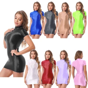 Women Glossy Sexy Bodycon Mini Dress Short Sleeve Bodysuit Clubwear Pencil Skirt - Picture 1 of 117