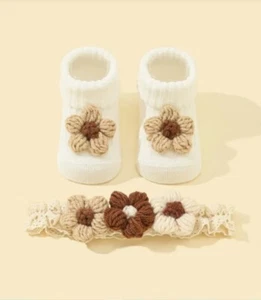 Infant Baby Girl White Brown Set 1pair Flower Decor Socks & 1pc Headband 0-6-12M - Picture 1 of 4