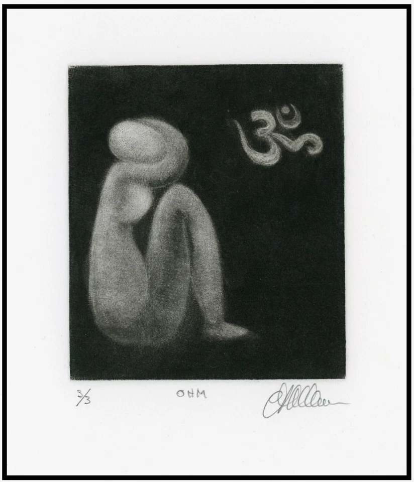 冥想瑜伽女人;OM 声音符号。 原装 MEZZOTINT ETCHING 签名。 — 第 1/1 张图片