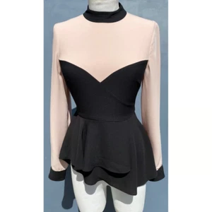 BCBGMAXAZRIA STAND NECK ASYMMETRIC BLACK/PEACH PEPLUM TOP SIZE XX/SMALL-$198 - Picture 1 of 13