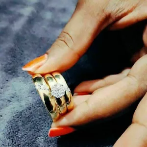 14K Yellow Gold Over 2.00 Ct Created Trio His And Her Bridal Engagement Ring Set - Picture 1 of 5