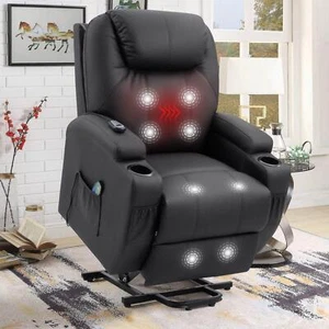 Power Lift Recliner Chair for Elderly with Heat / Massage and Cup Holder - Black - Picture 1 of 15