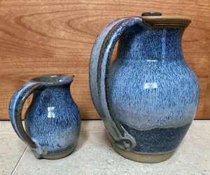 VTG Studio Pottery Pitcher Jug By Cookie Scottorn Set Of 2 Dark And Light Blues - Picture 1 of 15