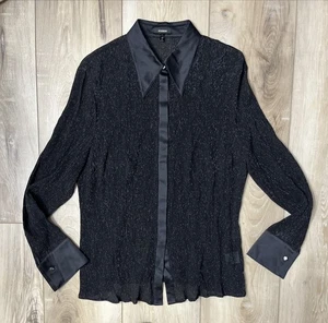 Escada Silk Nylon Crinkle Shimmer Button Down Top Black Silver Blouse Size 46 - Picture 1 of 8
