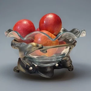 LENOX Dolphin Romania Glass Centerpiece Bowl Brass/Bronze Cradle 9 1/8”W - 5.5”H - Picture 1 of 12