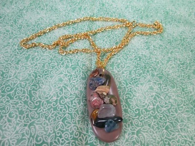 Genuine Mixed Gemstone Nugget Collage Pendant & 24" Gold Plated Rope Chain / C - Image 1 of 4