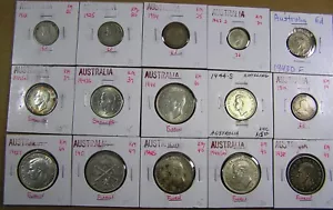 Australia Lot of 15 Silver Coins, 1910 to 1951 diff dates-types, Edward,KGV,KGVI - Picture 1 of 11