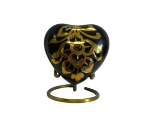 HEART KEEPSAKE CREMATION URN--BLACK WITH HAND CARVED FLOWERS - Picture 1 of 4