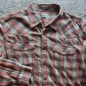 Eddie Bauer Red Brown Gray Plaid Pearl Snap Cotton Flannel Mens L Tall - Picture 1 of 8