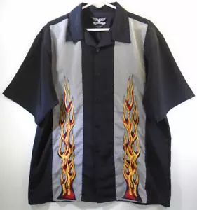 Chrome Eagle Rockabilly Button Down Shirt w/ Embroidered Flames LARGE Black Gray - Picture 1 of 12