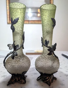 C1903 ANTIQUE WMF ULTRA RARE PAIR ART NOUVEAU SILVER PL FLOWER VASE GREEN GLASS - Picture 1 of 11