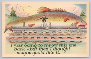 Comic Postcard Wellman Artist: Exaggerated Fishing, Fisherman, Railroad Car - Picture 1 of 2