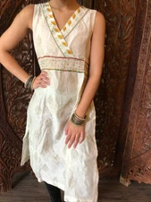Boho Chic Gypsy Beige Tunic Dress Cotton Summer Ethnic Indian Sleeveless Kurti S