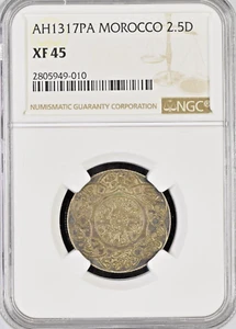 1317 PA (1899) Morocco 2 1/2 Dirhams .835 Silver NGC XF EF 2.5D Extra Fine Toned - Picture 1 of 2