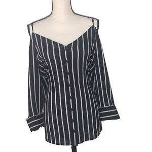 Hyfve Women Black/White Stripe Cold Shoulder Long Sleeve Size L #1137 - Picture 1 of 7