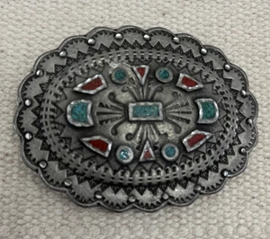 Vintage Native American Turquoise & Coral Inlay Belt Buckle Vintage USA 3" USA - Picture 1 of 8