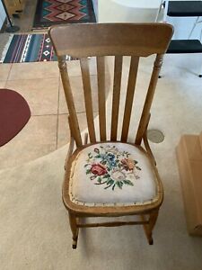Small Vintage Oak Upholstered Bottom Sewing Nursing Rocking Chair Rocker
