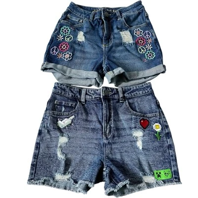 LOT BUNDLE Justice Two (2) Pairs Denim Jean Patchwork Shorts Minecraft 14 Girls - Image 1 of 4