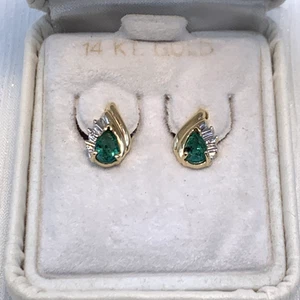 Drop Style 14K Solid Gold Earrings Pear Blue Green Tourmaline & Diamond 1.6g - Picture 1 of 24