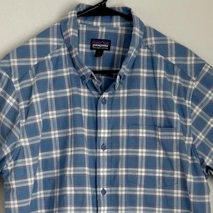 Patagonia Organic Cotton Shirt Men's L Plaid Check Blue White Short Sleeve - Picture 1 of 8