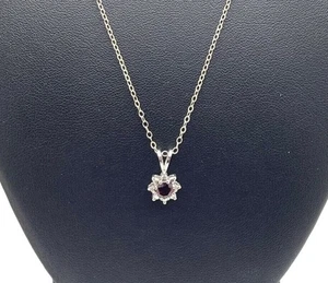 "Collar mujer plata esterlina 925 granate 2 pequeños diamantes colgante 18"" halo FAS" - Imagen 1 de 8