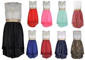 Girls Sleeveless Waist Band Asymmetrical Chiffon Dress with Gold Necklace 7-13 - Picture 1 of 20