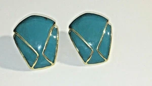 Lg Vtg Enamel Half Dome Earrings Gold tone /Teal Green Enamel Modernistic RETRO - Picture 1 of 4