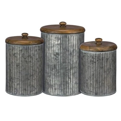 Primitives by Kathy Rustic Style Canisters, Set of 3, Galvanized Metal and Wood. - Image 1 of 3
