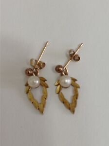 9ct Yellow Gold Freshwater Pearl Leaf Dangle Earrings