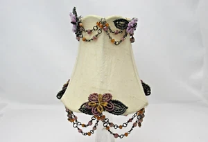 Vintage French Lamp Shade Silk Glass Beaded Flowers Handmade Rare Clip On 6" - Picture 1 of 10